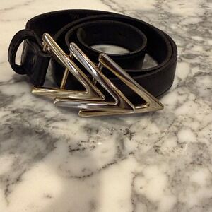 Vintage Leather Belt Women ML Black Statement Triple Chevron Mixed Metal Buckle